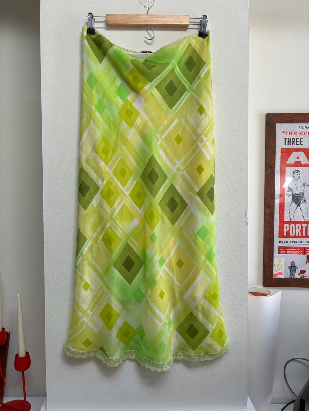 Y2K Charlotte Russe Green Diamond Print Slip Skirt 🍏✨